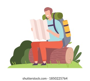 Young Man with Backpack Sitting on Log and Examining Map Vector Illustration