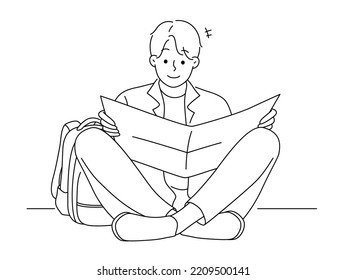 Young man with backpack sitting on floor reading paper map. Male traveler or tourist check route on map. Tourism and travel concept. Vector illustration. 