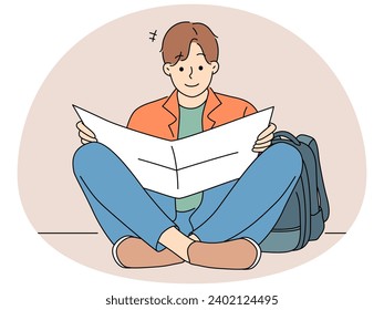 Junge Mann mit Rucksack sitzend auf dem Boden lesen Papier Karte. Männlicher Reisender oder Touristenscheck auf Karte. Tourismus und Reisekonzept. Vektorgrafik.