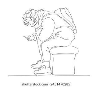 Young man with backpack sitting on bench and using phone. Side view. Continuous line drawing. Black and white vector illustration in line art style.