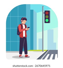 junger Mann mit Rucksack und Smartphone, der auf grüne Ampel wartet, um die Straße auf der Kreuzung zu überqueren, Verkehrssicherheitskonzept
