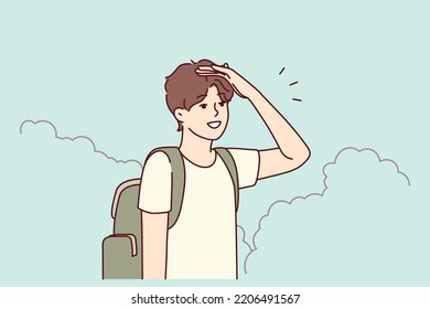 Young man with backpack stand in bushes looking for road. Millennial guy traveler get lost in park searching way out. Travel and navigation. Vector illustration. 