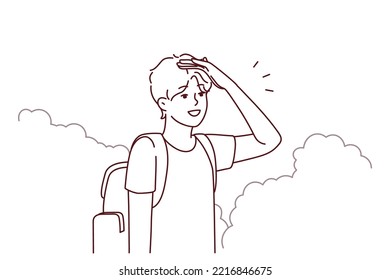 Young man with backpack stand in bushes looking for road. Millennial guy traveler get lost in park searching way out. Travel and navigation. Vector illustration. 