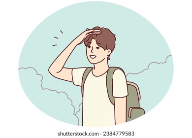 Young man with backpack stand in bushes looking for road. Millennial guy traveler get lost in park searching way out. Travel and navigation. Vector illustration.