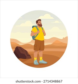 junger Mann mit Rucksack, der auf Berglandschaft steht, Vektorkunst einzeln auf weißem Hintergrund