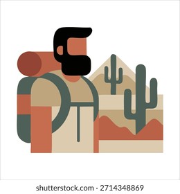 Hombre joven con la mochila que se coloca contra el Arte vectorial del paisaje de la montaña aislado en el fondo blanco