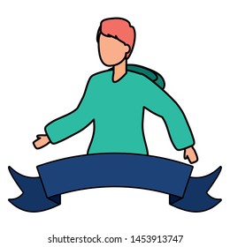 young man backpack sticker ribbon vector illustration