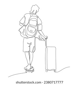 Young man with backpack and suitcase riding on skateboard to catch up transport for departure. Back view.  Continuous line drawing. Black and white vector illustration in line art style.