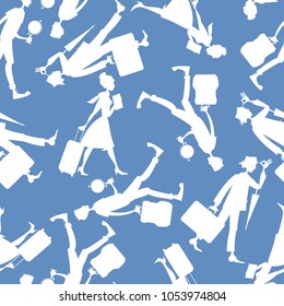 Young man a backpack, man with a suitcase and an umbrella, girl with a suitcase and a guidebook. Seamless background pattern. Vector illustration