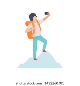 Young Man with Backpack Taking Selfie Photo on Smartphone while Standing on Top of Mountain, Guy Making Photo or Video for Social Media Using Modern Gadget Vector Illustration