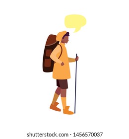 young man with backpack travel talk bubble