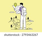 young man with backpack trekking in nature, traveler exploring hills using paper guide, scenic mountain landscape with pine trees, adventure tourism concept, wandering through wilderness area.