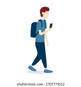 A young man with a backpack walks while looking into a smartphone. Vector illustration isolated on white background.