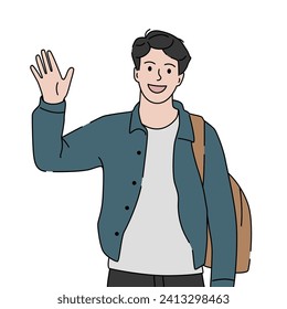 Joven con mochila saludando con la mano. Saludo gesto, diciendo hola, hola o adiós. Ilustración vectorial dibujada por mano