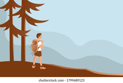 Young man with a backpack in the wild. Stands near the pine trees and looks into the distance. Concept about travel and active lifestyle. Vector illustration banner with place for text.
