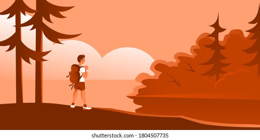 Joven con una mochila en la naturaleza. Se sitúa cerca de los pinos y da a lo lejos. Concepto sobre viajes y estilo de vida activo. Cartel de ilustración del vector.