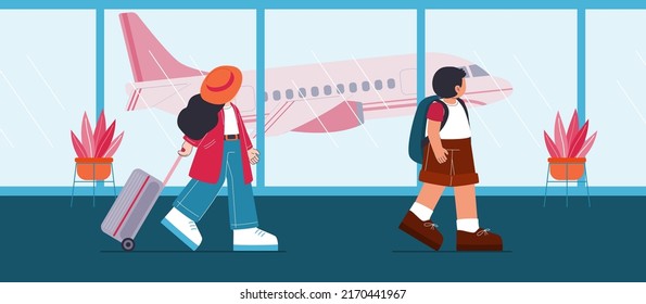 Young man with backpack and woman dragging luggage, They walking at the airport in cartoon character, vector illustration