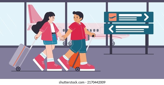 Young man with backpack and woman dragging luggage, They walking at the airport in cartoon character, vector illustration