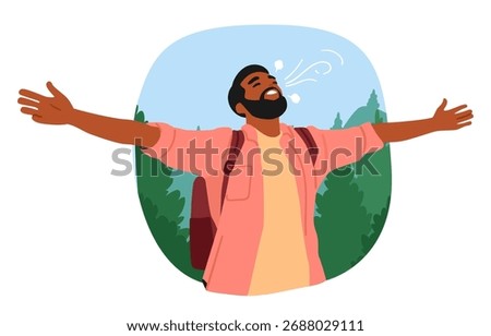 Young man backpacker breathing fresh forest air enjoying freedom and wellness at woodland cartoon scene. Male traveler smelling wilderness aroma and savoring harmony of nature vector illustration