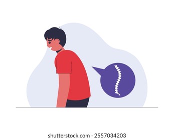 Young man with bad posture, hunched forward shows that bad posture can affect spine health, health problem vector illustration.