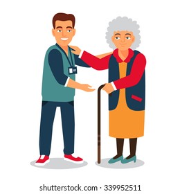 Young man with badge helping an old lady. Elder people care and nursing. Flat style vector illustration isolated on white background.