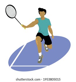 Young man, badminton player, on the playground in the lunge, hits the shuttlecock with a badminton racket