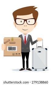 Young man with bag and box over white background. Stock Vector illustration.