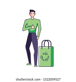 young man with bag eco friendly isolated icon vector illustration design