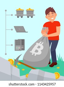 Young man with bag full bitcoins, cryptocurrency mining technology vector Illustration in flat style