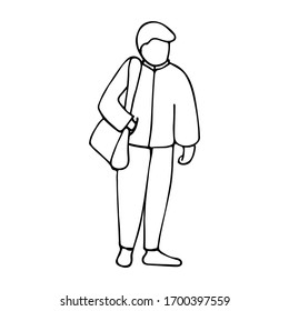 Young man with a bag on his shoulder. Going to work, shopping. Line art. Vector illustration