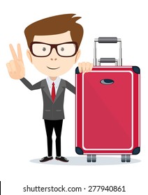Young man with bag . over white background. Stock Vector illustration.
