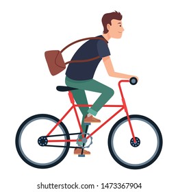 Young man with bag riding on bicycle cartoon ,vector illustration graphic design.