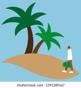 A young man with a bag is walking on the island with palm trees