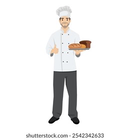 Young man baker holding a tray with buns, different bread, cakes. Flat vector illustration isolated on white background