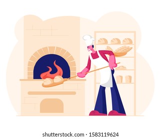 Young Man Baker Wearing White Apron and Toque Put Raw Bread for Baking in Burning Oven on Restaurant or Bakehouse Kitchen. Handmade Pastry and Dough Production Shop. Cartoon Flat Vector Illustration