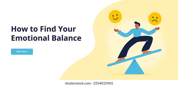 A young man balances between good and bad emotions. Mental and emotional health concept. Flat vector illustration for web banner, landing page, or promo.