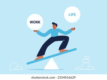 A young man balances between work and life balls. Work-life balance concept. Flat vector illustration on a colorful background.