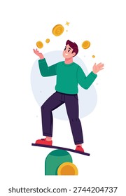 A young man balances and juggles coins. Account balance. The image of financial technology and digital payments. The concept of payment, finance, and online shopping. Banking services.