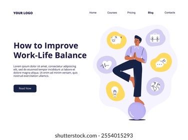 A young man balances on a ball. Balanced and wellness life concept. Flat vector illustration isolated on a white background.