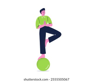 A young man balances on a ball. Physical and mental balance concept. Flat vector illustration isolated on a white background.