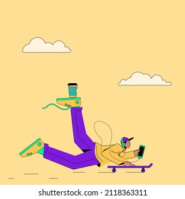 A young man balances on a skateboard with coffee and a phone. Vector illustration on yellow background