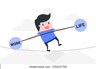 Young man balancing on slackline. Work life balance concept illustration.