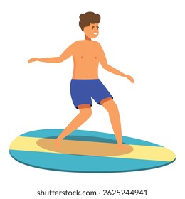 Young man is balancing on a surfboard, enjoying a summer day at the beach