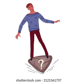 Un hombre joven se balancea sobre una piedra inestable. Concepto: Dificultad para tomar una decisión. Ilustración vectorial al estilo de dibujos animados planos aislados en fondo blanco.