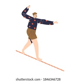 Young man balancing while walking on rope. Cartoon sportsman doing exercise on balance during training workout. Balance and fitness concept. Flat vector illustration
