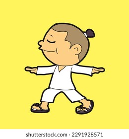 young man with bald hair with a bun doing yoga moves to calm down