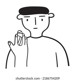 Young man with bandaged finger.   Outline vector icon on white background. 