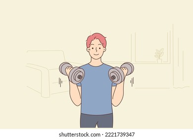 Young man with barbells training at home. Smiling guy do sport workout indoors. Physical activity and exercising. Vector illustration. 