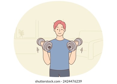 Young man with barbells training at home. Smiling guy do sport workout indoors. Physical activity and exercising. Vector illustration.