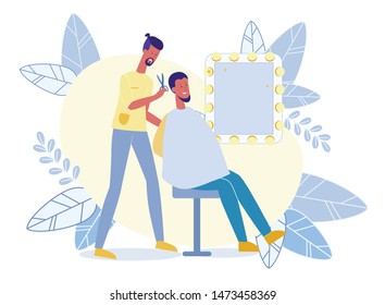 Young Man in Barber Shop Flat Vector Illustration. Stylist and Customer, Hipster in Armchair Cartoon Characters. Professional Hairdresser Working with Scissors. Male Beauty Salon, Hairdressing
